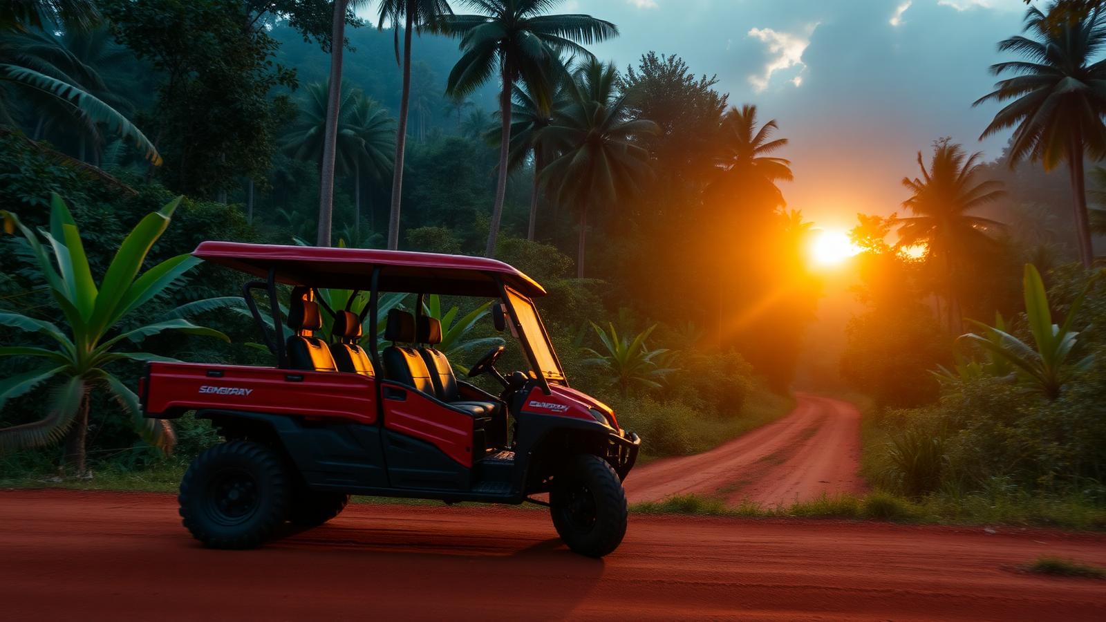 Roofed side-by-side UTV on a red dirt road through tropical forest
