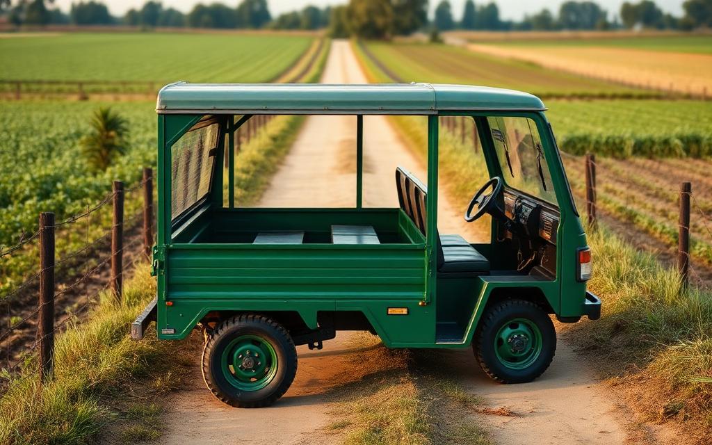 Simple boxy roofed farm utility vehicle on a rural path