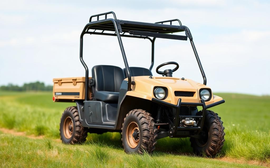 Front three-quarter view of a boxy farm utility side-by-side