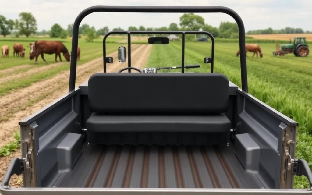 Rear bed and second-row bench seat of a farm utility vehicle