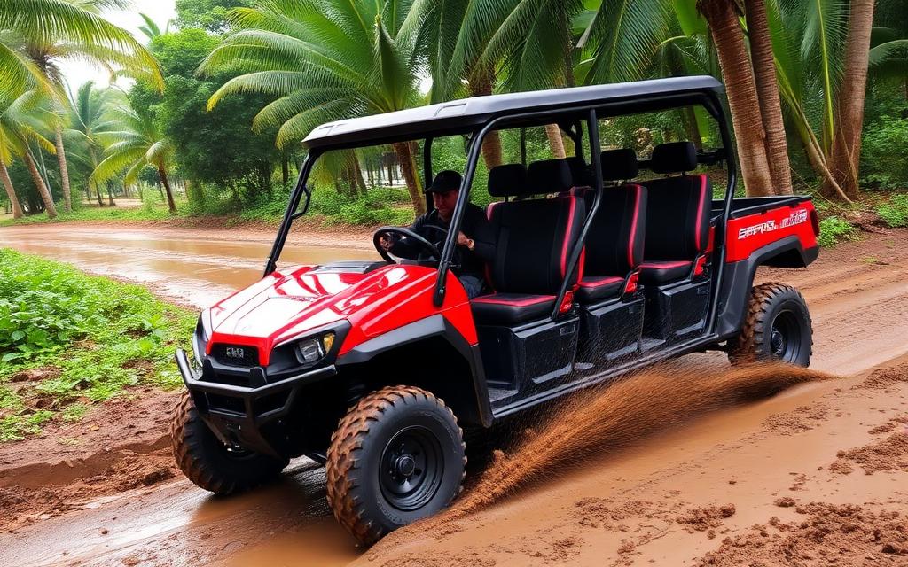 Five-seat roofed crew UTV on a muddy tropical road