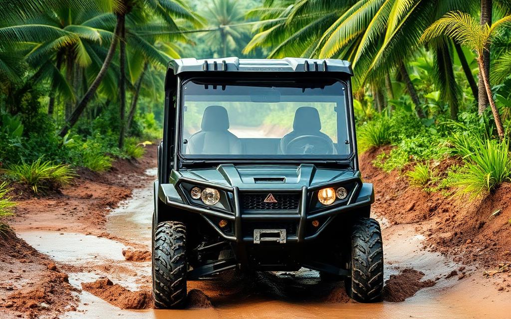 Front three-quarter view of a full-size roofed crew UTV