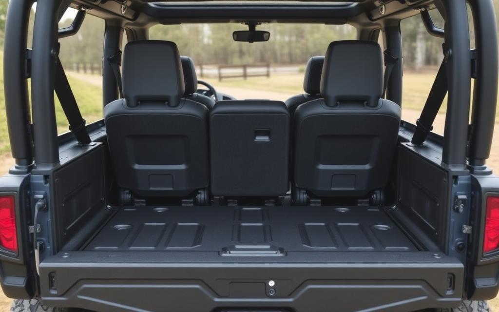 Rear seats folded into a cargo bed on a crew UTV