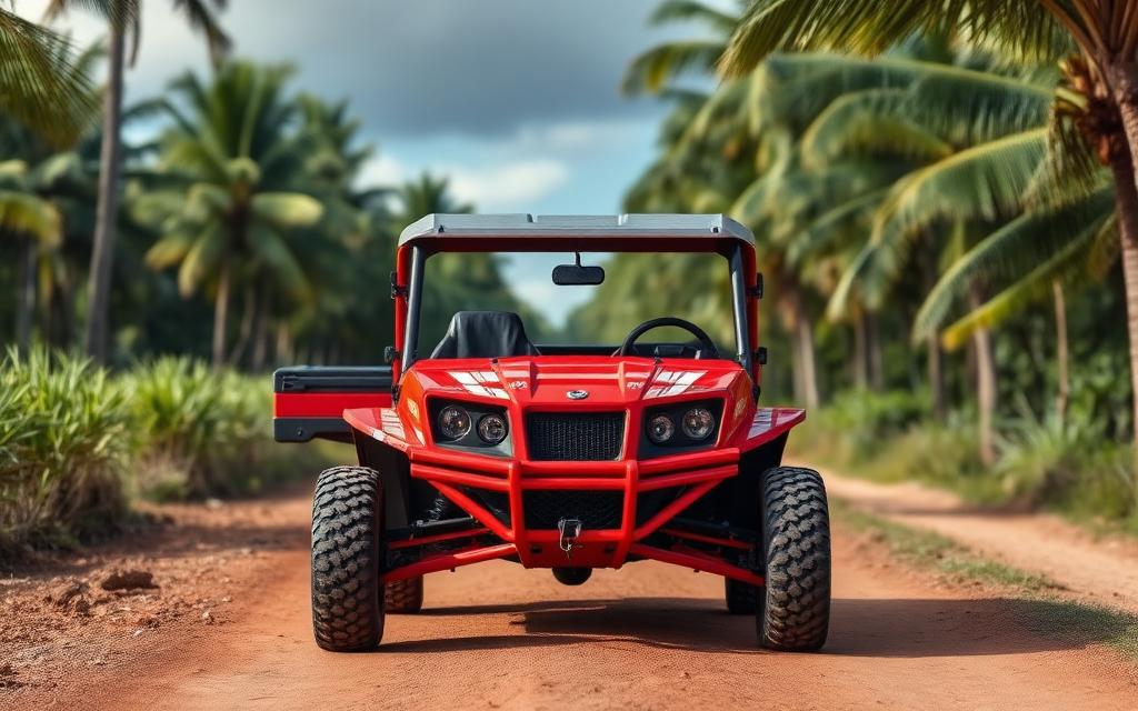 Front three-quarter view of a red two-seat roofed UTV