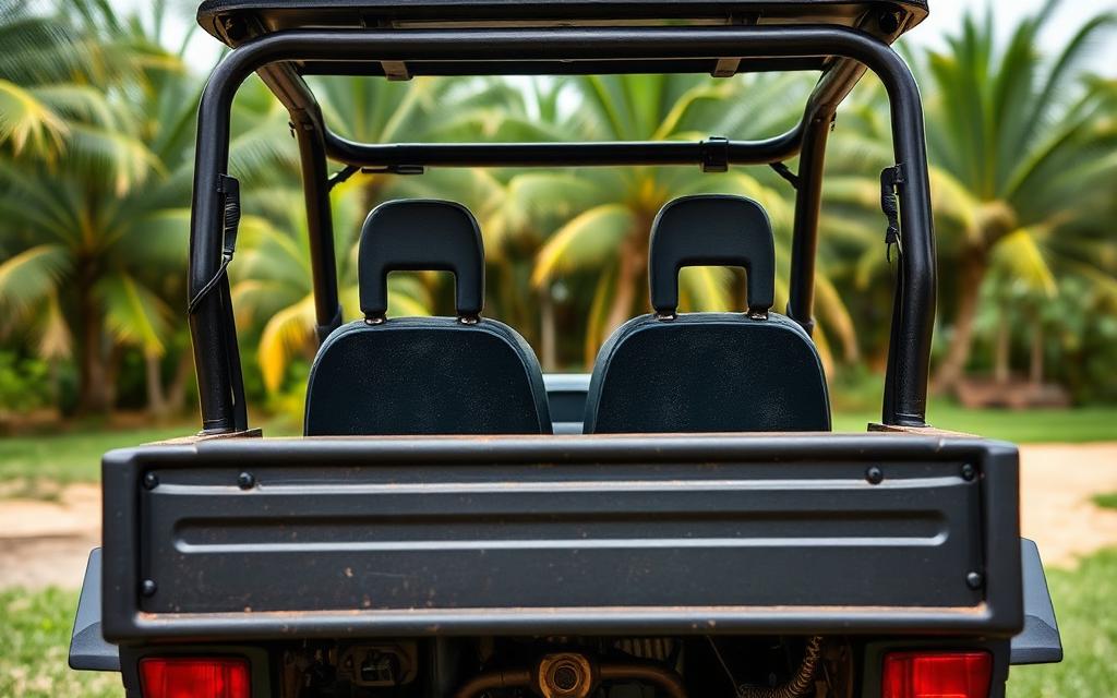 Rear cargo dump bed of a two-seat roofed UTV