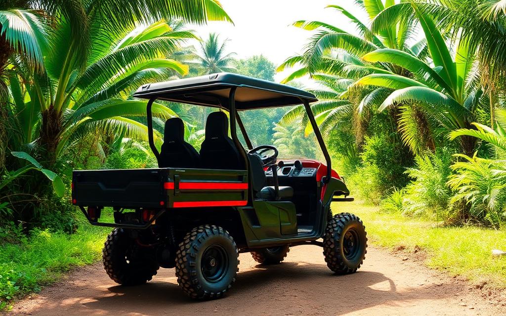 Two-seat roofed utility UTV on a tropical dirt road