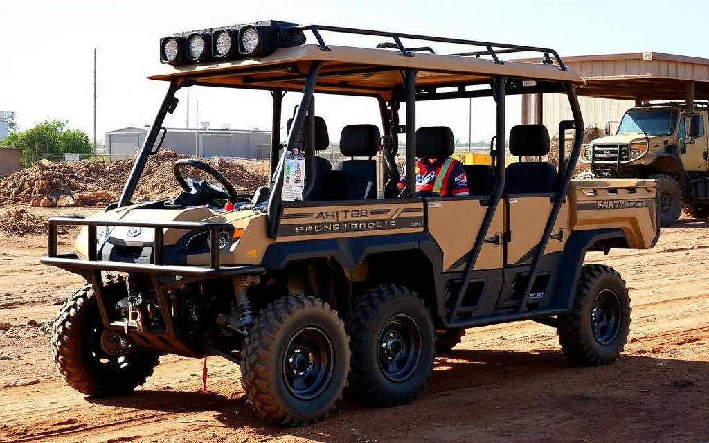 Crew-cab utility UTV with large cargo bed at a work site