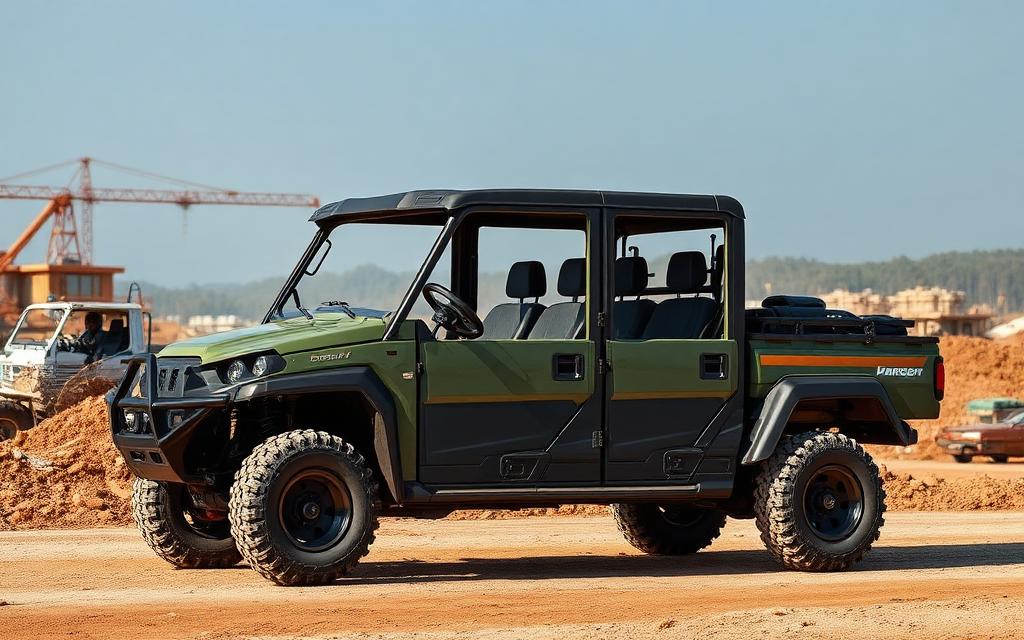 Side profile of a long-wheelbase crew utility UTV