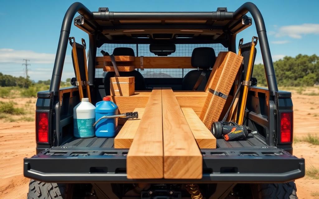 Cargo bed of a crew utility UTV loaded with lumber and tools