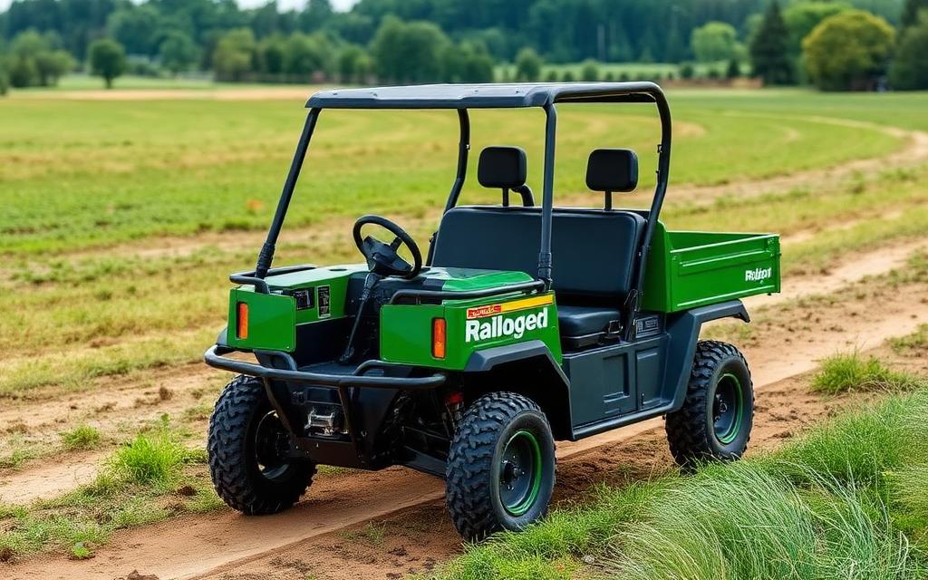 Green two-seat utility UTV with roof on a farm track