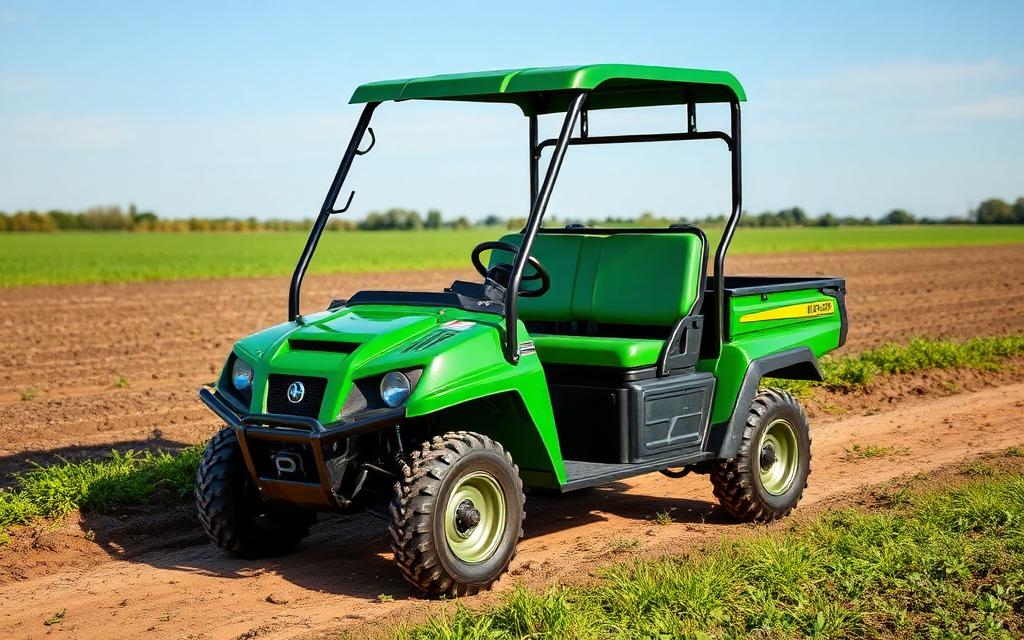 Front view of a compact green two-seat work UTV