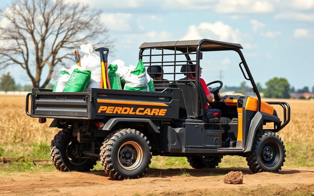 Compact work UTV hauling tools and feed sacks in its bed