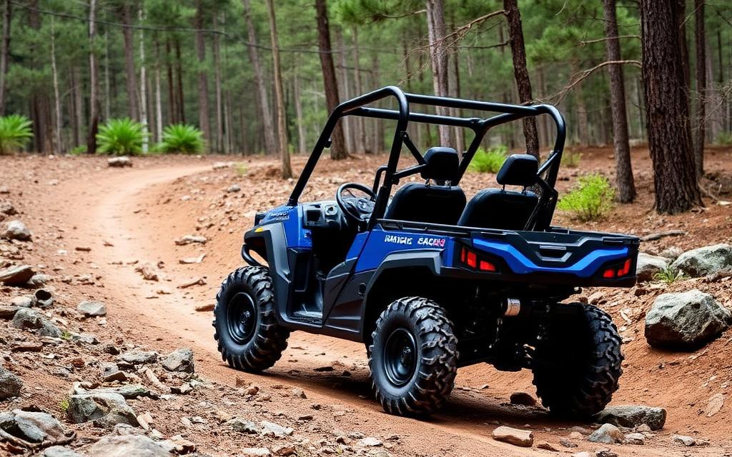 Two-seat roofed side-by-side UTV on a rocky trail