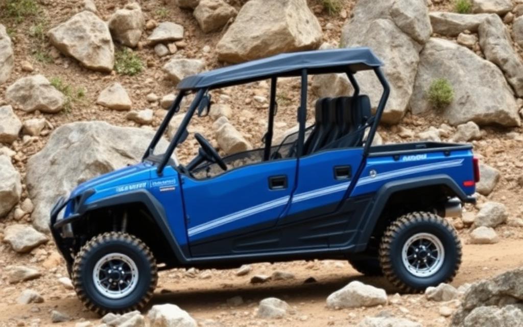 Side profile of a blue two-seat roofed side-by-side UTV