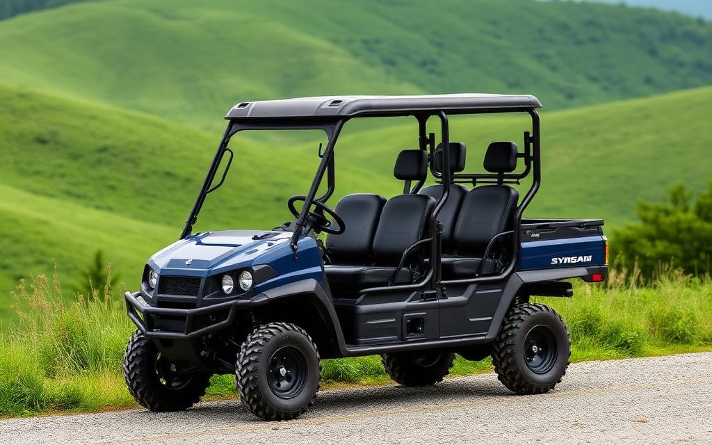 Four-seat roofed side-by-side UTV on a gravel road
