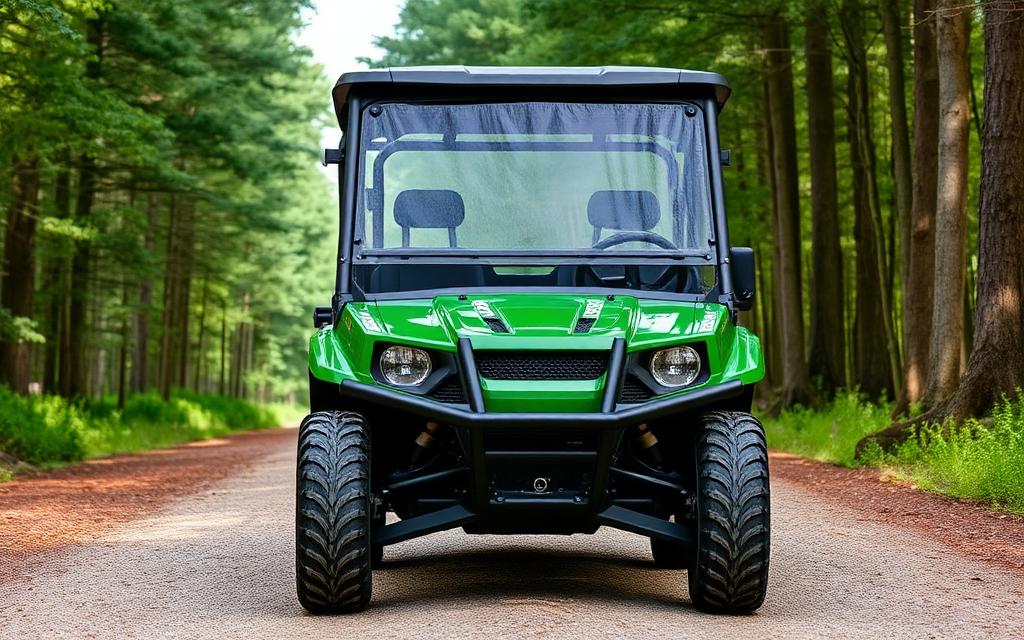 Front view of a green four-seat roofed side-by-side UTV
